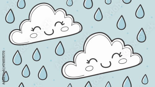 Two Cheerful Cartoon Clouds Showering Gentle Rain