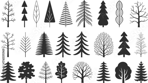 Stylized tree illustrations, abstract botanical artwork, decorative nature graphics, fantasy tree collection, symbolic forest designs, creative ornamental tree set