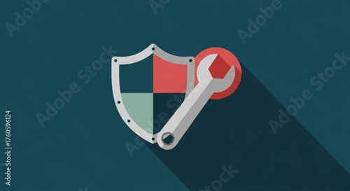 Shield and wrench icon security and maintenance concept, protection, repair, and fixing the system, service and support, with long shadow