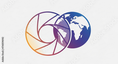 A stylized camera aperture combined with a world globe, symbolizing global photography, travel, and visual storytelling