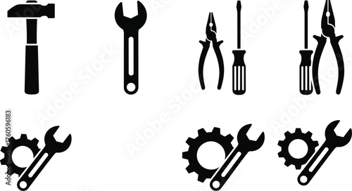 Black Tool Silhouette Icons – Hand Tools and Gear Symbols Set
