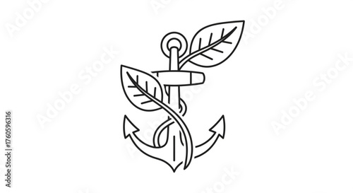 Minimalist line art of an anchor entwined with leaves, symbolizing growth, stability, and connection to nature in a simple design