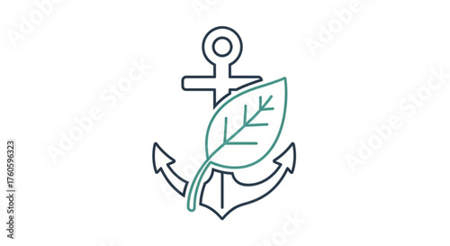 Anchor and leaf logo design, representing sustainability, nature, and ecofriendliness in a simple and elegant line art style