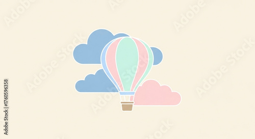 Pastel hot air balloon and clouds, a dreamy illustration for childrens themes, travel, and imagination with soft, muted colors on light background