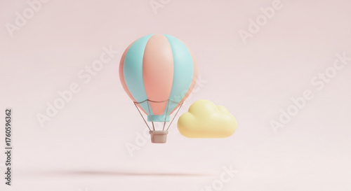 Pastel hot air balloon and cloud, a whimsical 3d render for dreams, travel, and imagination with soft, dreamy colors
