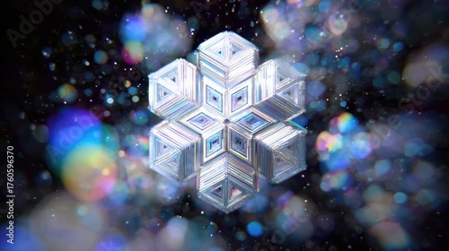 A snowflake features detailed geometric patterns set against a sparkling background, creating a magical and festive atmosphere during winter nights.