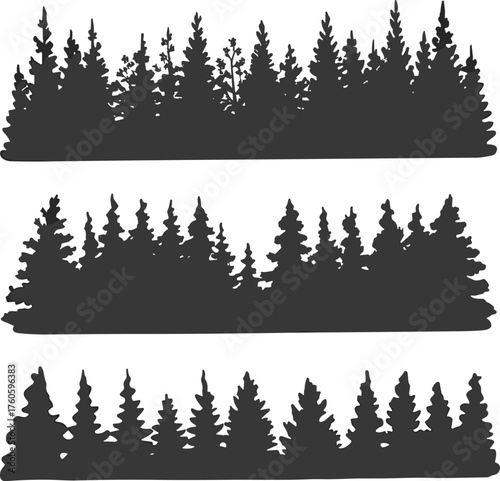 Forest treeline silhouettes, coniferous tree horizon icons, black woodland design set, nature landscape graphics, outdoor wilderness illustration collection