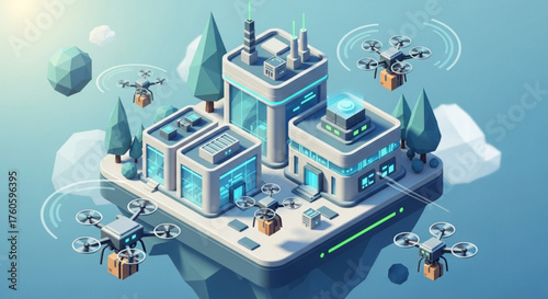 Isometric illustration of a floating island with a modern factory and drones delivering packages, showcasing advanced technology and efficient logistics