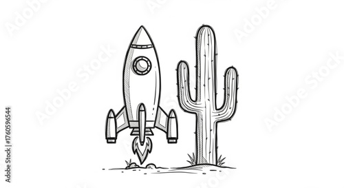 Hand drawn rocket launching next to a cactus, symbolizing space exploration, desert adventure, and the contrast of technology and nature