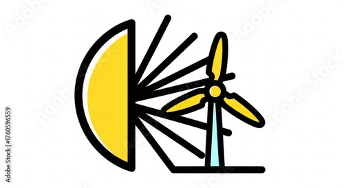 Illustration of a wind turbine and solar panel, representing renewable energy sources and sustainable technology