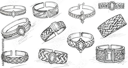 Elegant Cuff Bracelet Collection Hand-Drawn Jewelry Designs Open Bangle Ornaments Vintage Fashion Accessory Artistic Handcraft Precious Gems Diamonds Wearable Elegant Metalwear