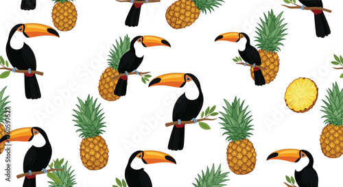 Toucan and pineapple pattern illustration.