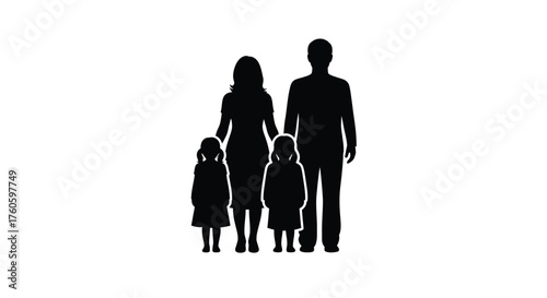 A silhouette depiction of a family with two young children standing together