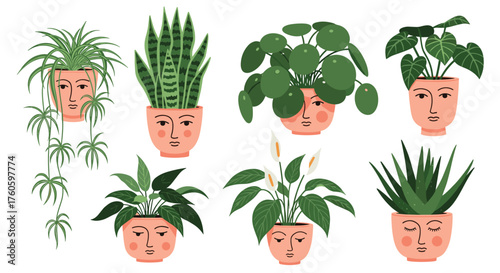 A collection of potted houseplants with faces.