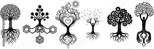 Symbolic artistic tree illustrations, abstract nature designs, technological and human motifs, decorative botanical artwork, fantasy symbolic tree collection set