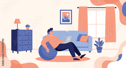Man working on laptop while sitting on exercise ball at home.
