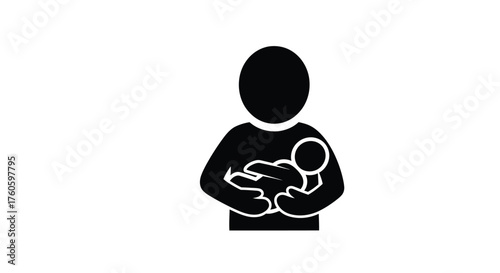 A simple black silhouette depicting a mother holding her baby closely
