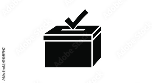 A black and white illustration depicting a ballot box with a checkmark