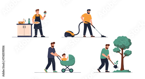 Fathers taking care of household chores and family.