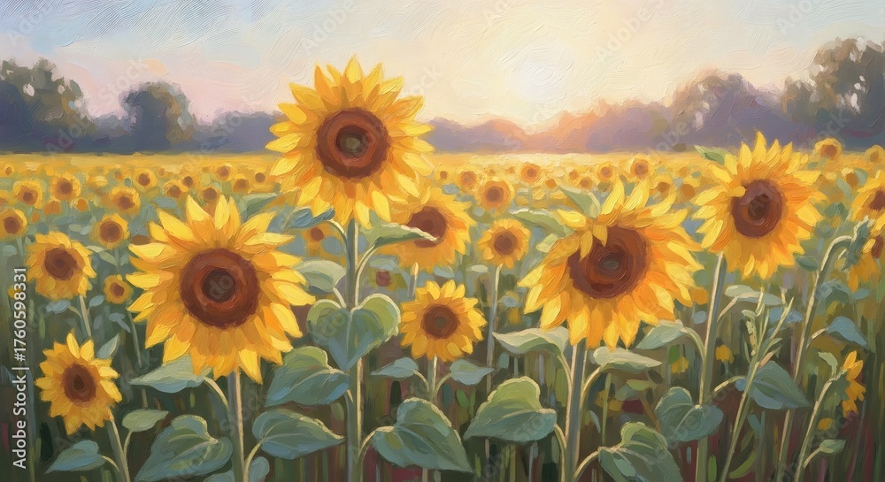 Obraz premium Golden Sunflower Field at Sunset: Vibrant Floral Landscape Painting with Sunlit Horizon and Rustic Charm