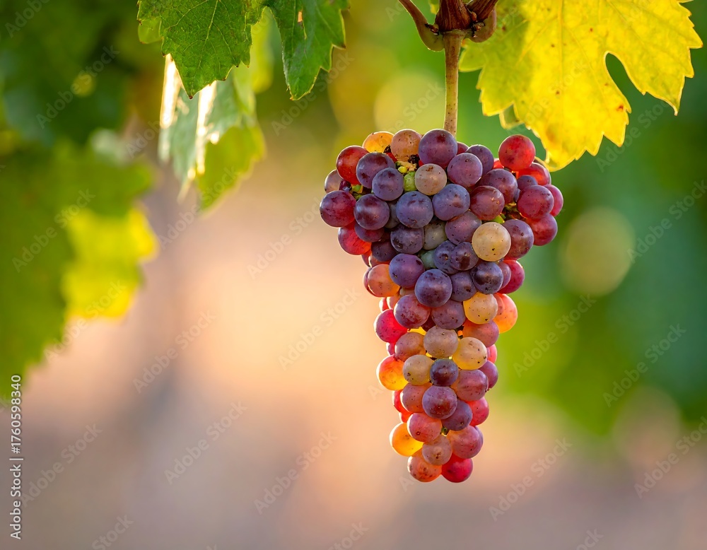 Fototapeta premium Close-up of a bunch of ripe grapes, with varied colors, hanging on the vine, sunlight through leaves