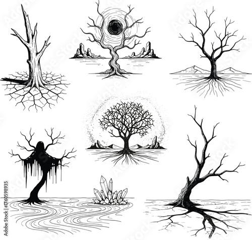 Stylized eerie tree illustrations, surreal fantasy artwork, mystical barren landscapes, abstract symbolic nature designs, dark artistic forest graphic collection