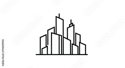 Minimalist line art illustration depicts a cityscape with tall buildings