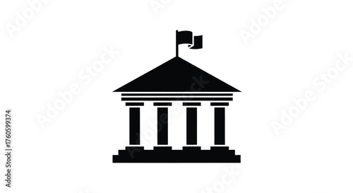 Simple black silhouette of a classical building with flags on top