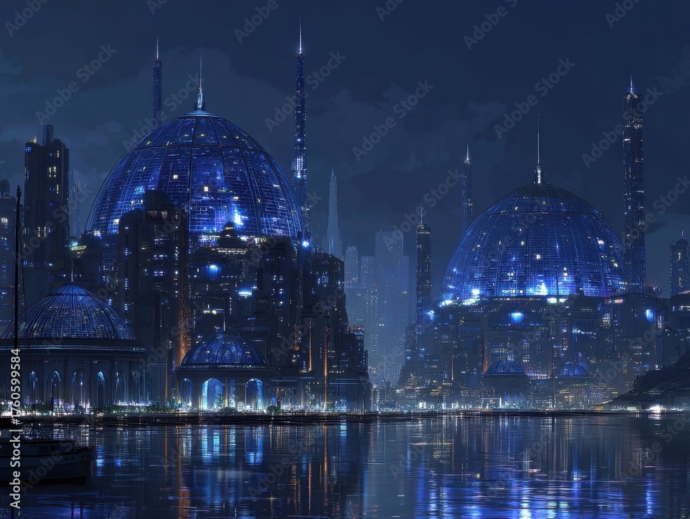 Fototapeta premium Futuristic Waterfront City - Illuminated Blue Domes Architecture - Advanced Metropolis Reflecting Water - Night Urban Landscape Innovative Buildings - Modern Skyline Lakeside View