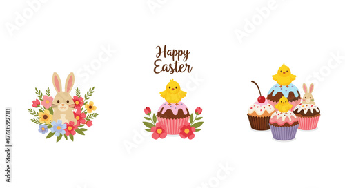 Easter holiday festive elements with cute animals and baked goods.