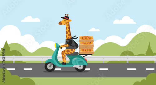 A tall giraffe wearing a hat rides a scooter delivering pizza.