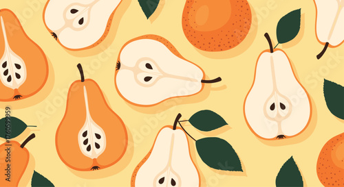 A repeating pattern of sliced and whole orange pears with green leaves on a yellow background.