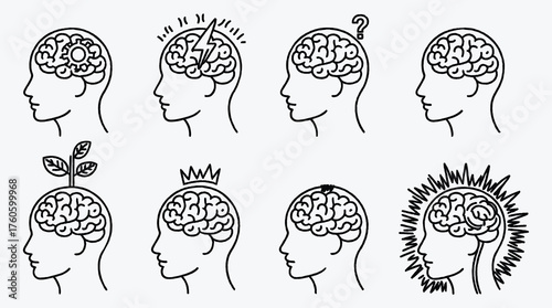 Brain concept icons illustrating various mental states and cognitive functions