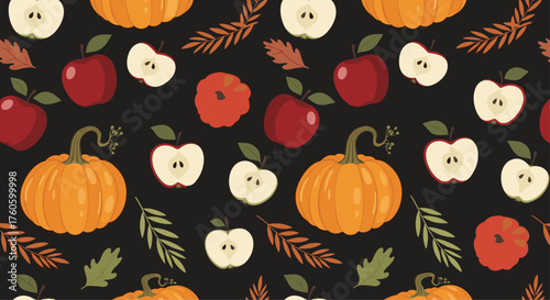 Autumn harvest pattern featuring pumpkins apples and fall leaves.