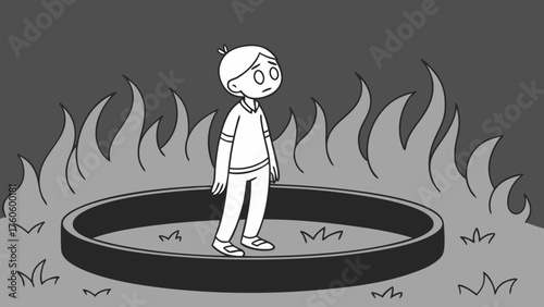 Cartoon Boy Trapped in Ring of Fire Expressing Fear and Isolation