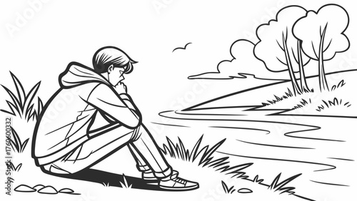 Contemplative Figure Beside a Tranquil River in a Simple Black and White Scene