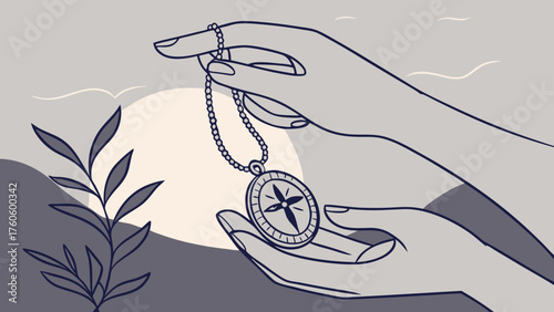Compass Pendant Held by Hands Depicting Guidance and Direction