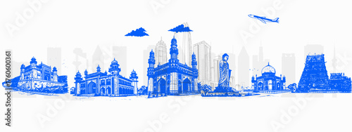 Hyderabad Skyline with Charminar, Golconda Fort, and Hussain Sagar Lake – Cultural Tourism Landmark Art for Travel and Promotion