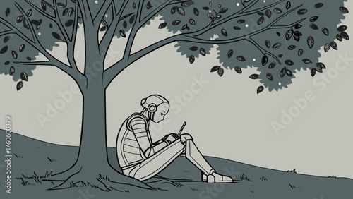 Contemplative Robot Underneath a Stylized Tree Using a Tablet Device