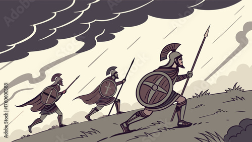Determined Spartan Warriors Marching Uphill Under a Stormy Sky with Spears and Shields
