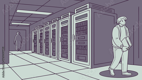 Server Room with Technician and Mysterious Figure in the Distance