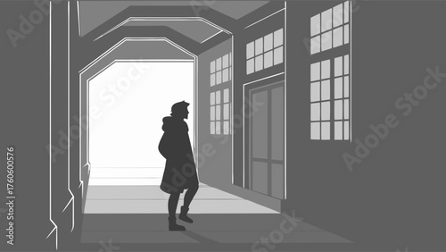 Silhouette of a hooded figure in a long coat walking through a building corridor