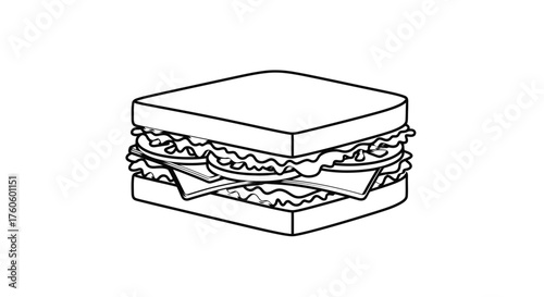 Simple black and white line drawing of a stacked sandwich illustration