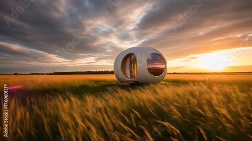 Futuristic pod-like structure floating above golden wheat field at sunset with dramatic sky