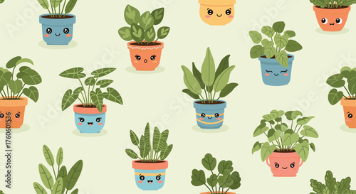 Cute kawaii potted plants with expressive faces on a light background.