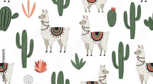 A charming seamless pattern featuring adorable llamas and various cacti.