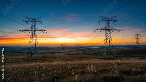 Electricity Transmission Towers Standing Tall During Vibrant Sunset Over Open Field