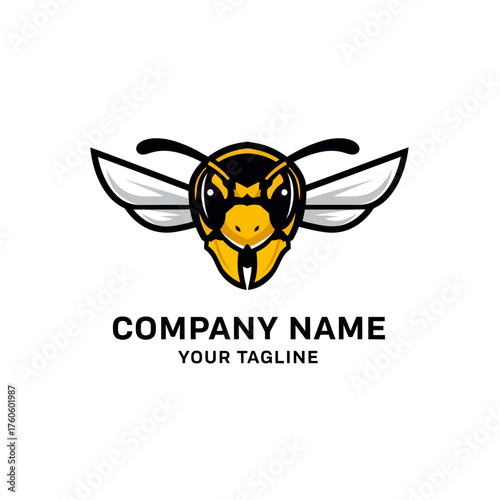 Aggressive yellow and black bee or wasp logo design with white wings and bold text placeholders for company name and tagline.