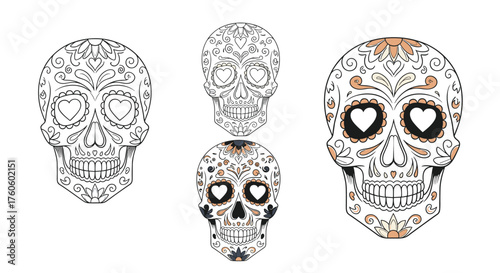 Decorative sugar skull designs with ornate patterns and heart eyes.