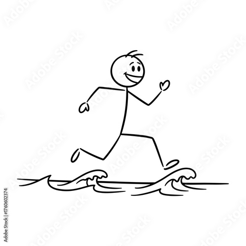 Stick figure running on waves with a joyful expression in summer  